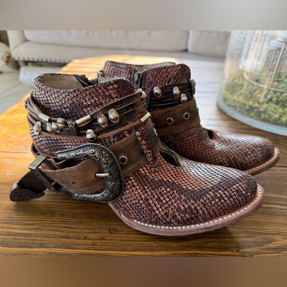 freebird Brown Textured Leather Ankle Boots with Studded Buckle